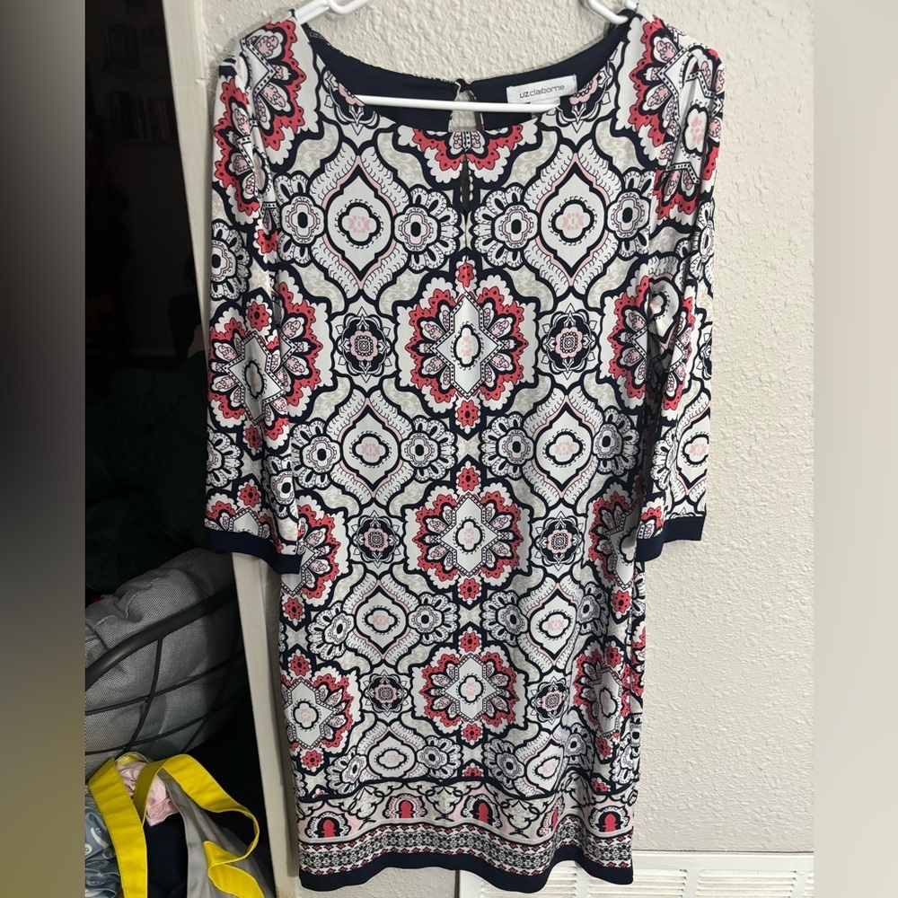 Liz Claiborne Navy and Pink Patterned Dress Size Medium